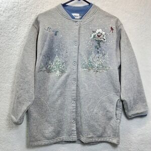 Artisans‎ Vtg Winter Cardinal Scene Button Sweatshirt Medium Cotton USA Holiday